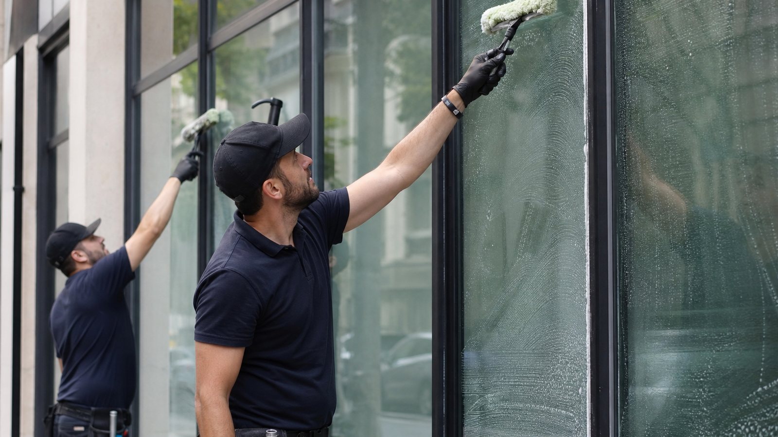 Deux laveurs de vitres en binôme nettoyant la vitrine d'un commerce, l'un montrant le geste à l'autre