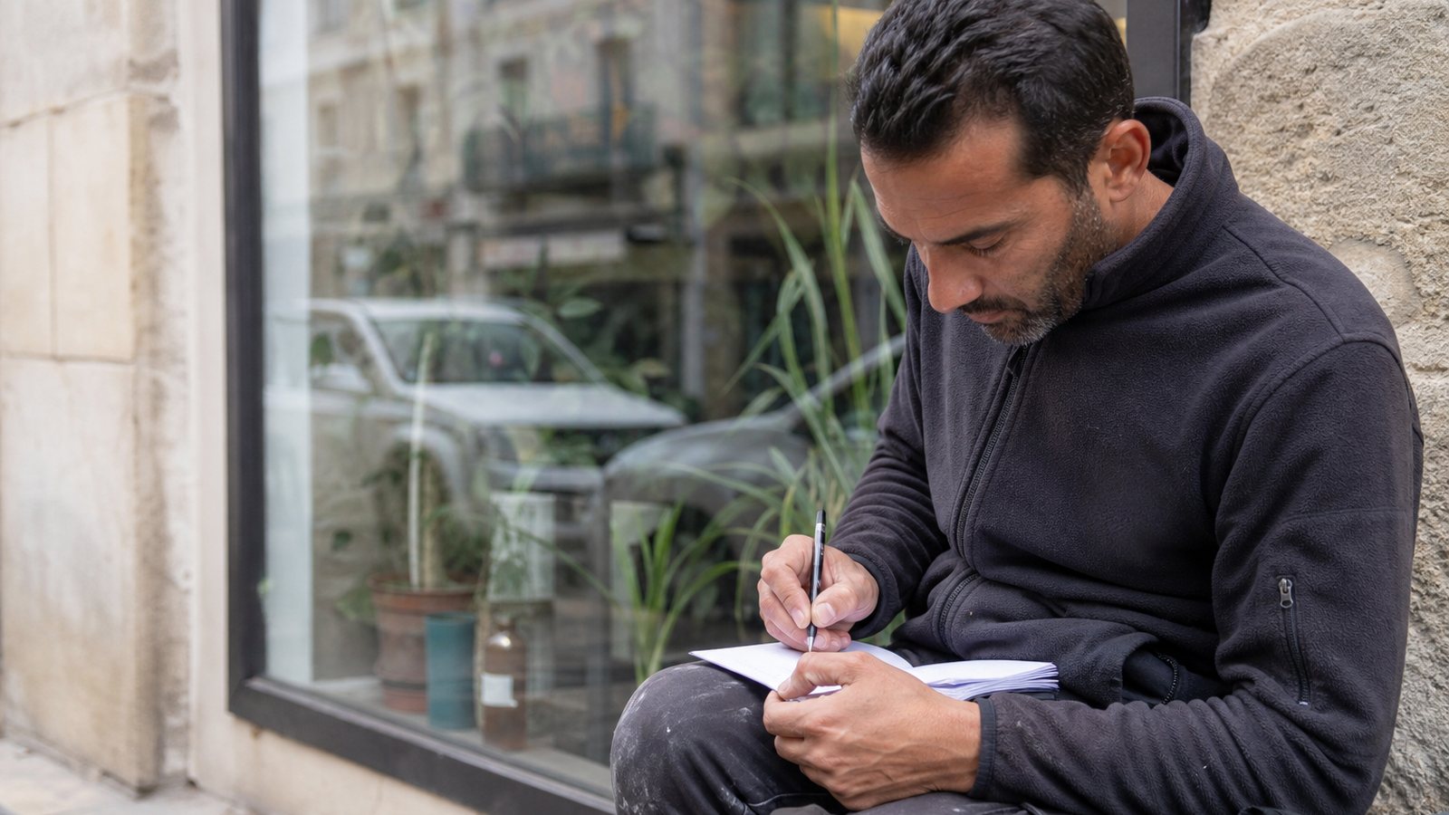 Laveur de vitres préparant un devis devant la vitrine d'un commerce, carnet et documents en main